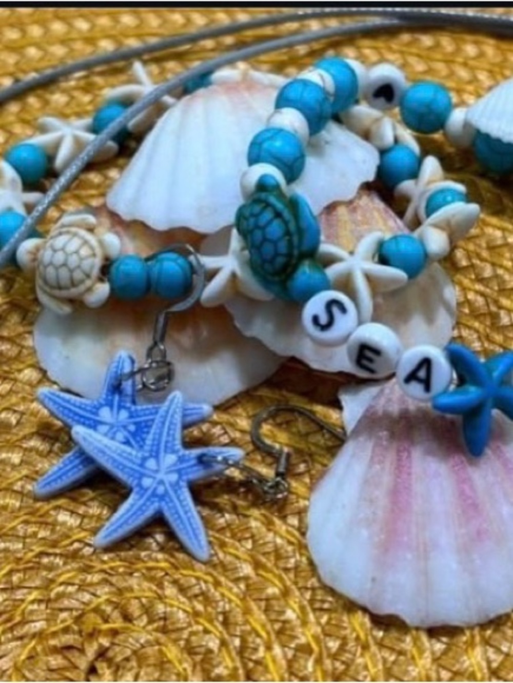 Kids Blue Sea-Themed Beaded Necklace and Starfish Earrings Set